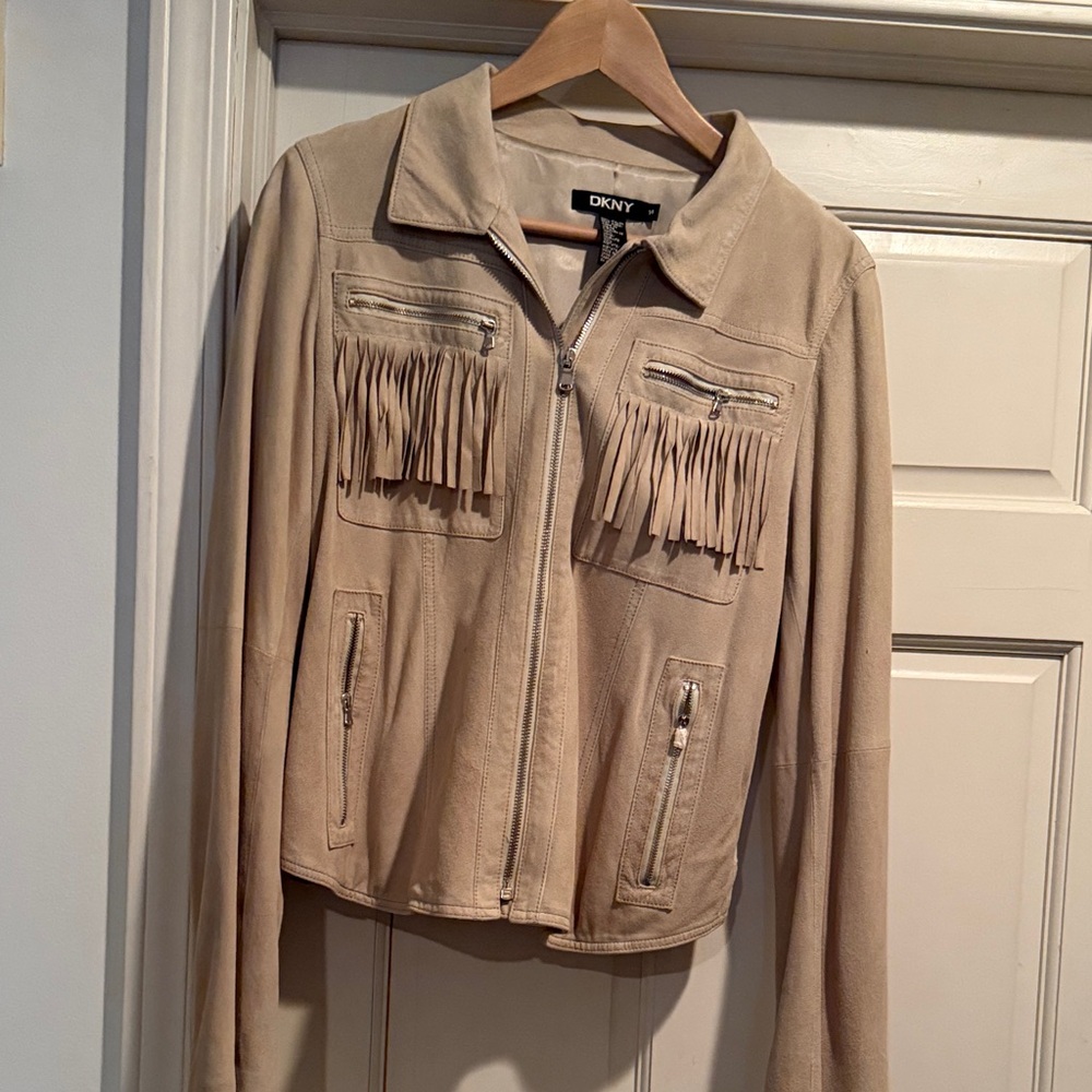 DKNY Beige Leather Jacket with Fringe